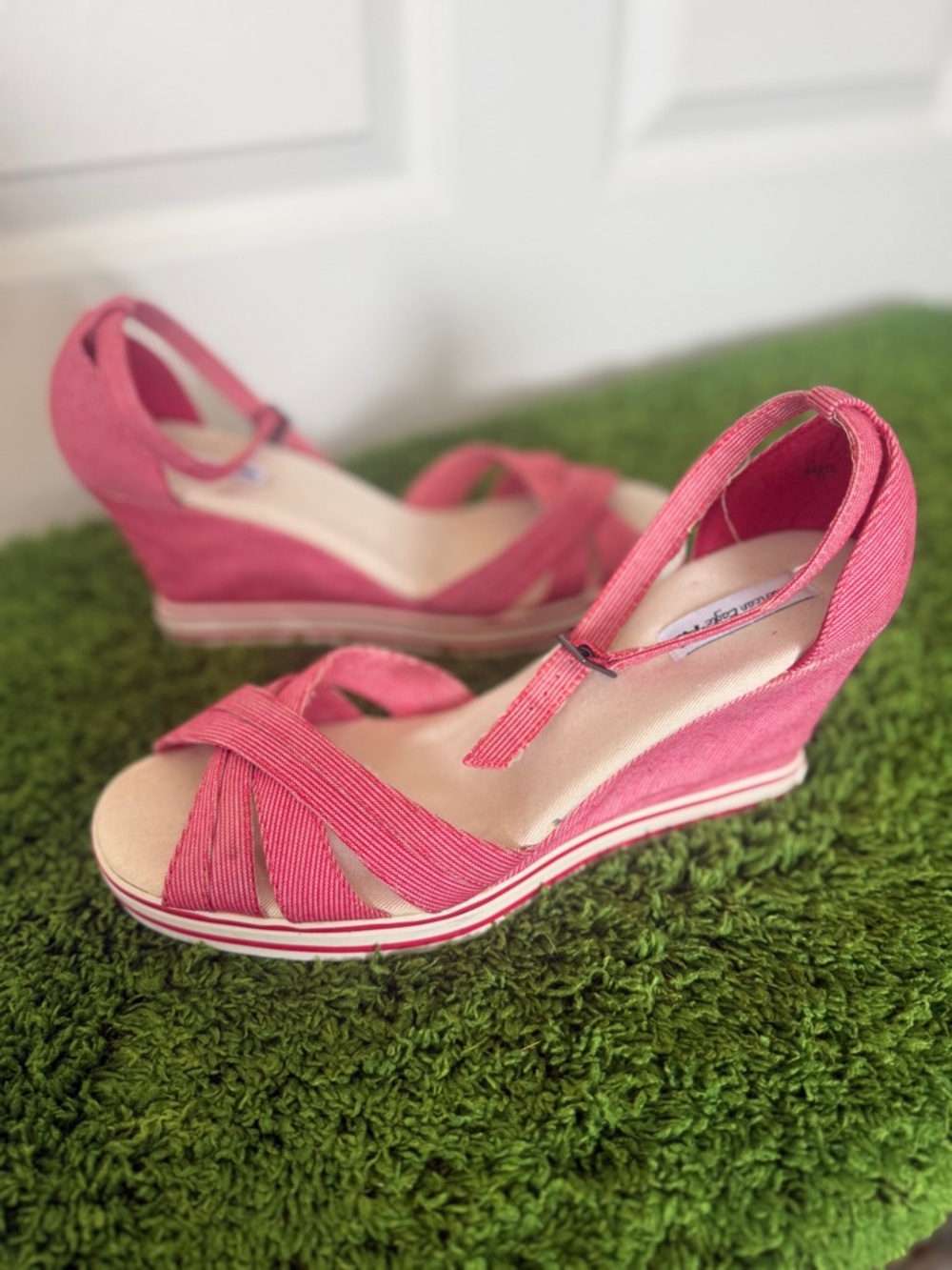 American Eagle Outfitters Coral Pink T-Strap Wedge Sandals